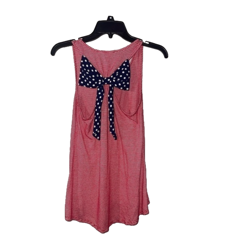 Moa Moa Red And White Stripe With Polk-A-Dot Pocket And Bow In Back Tank Top